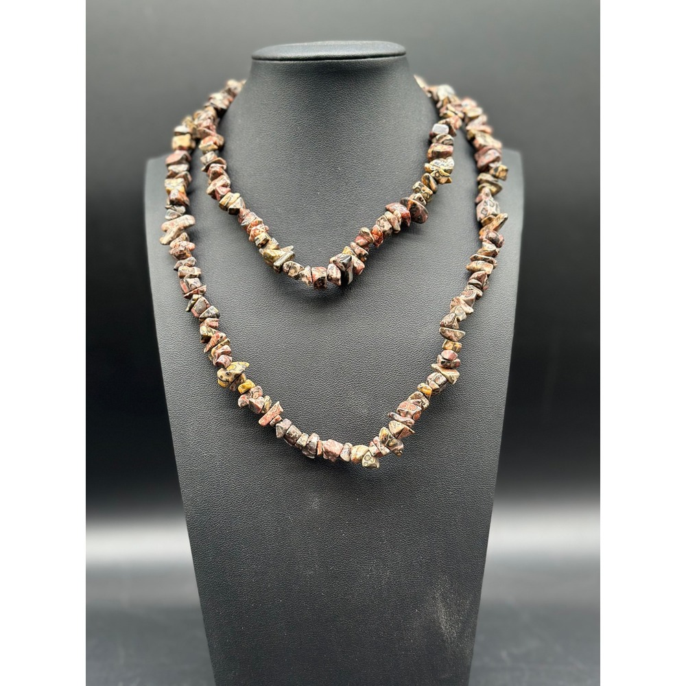 Rhyolite Jasper Gemstone Chip Bead Necklace Long Strand Layering Jewelry